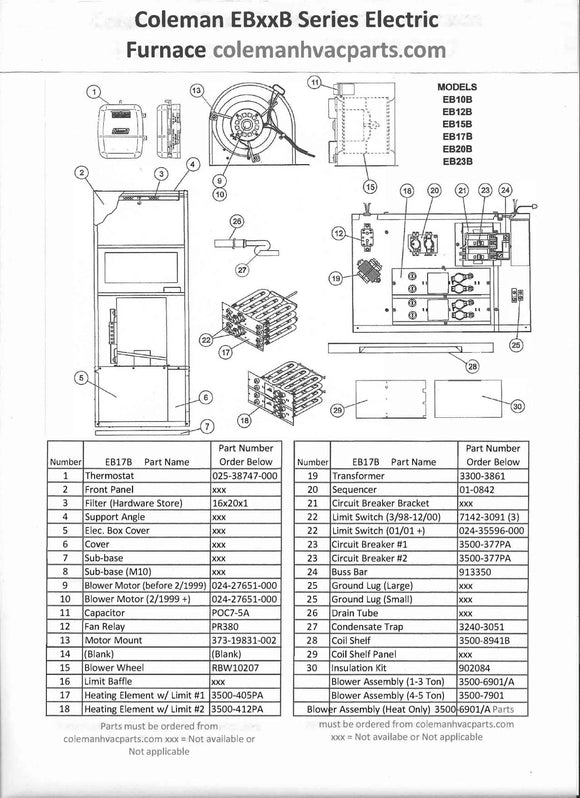 EB17B Coleman Electric Furnace Parts