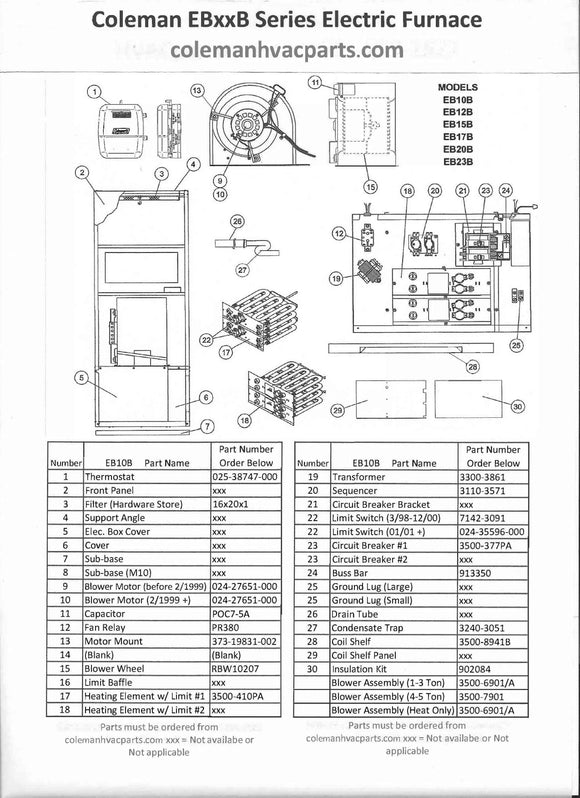 EB10B Coleman Electric Furnace Parts