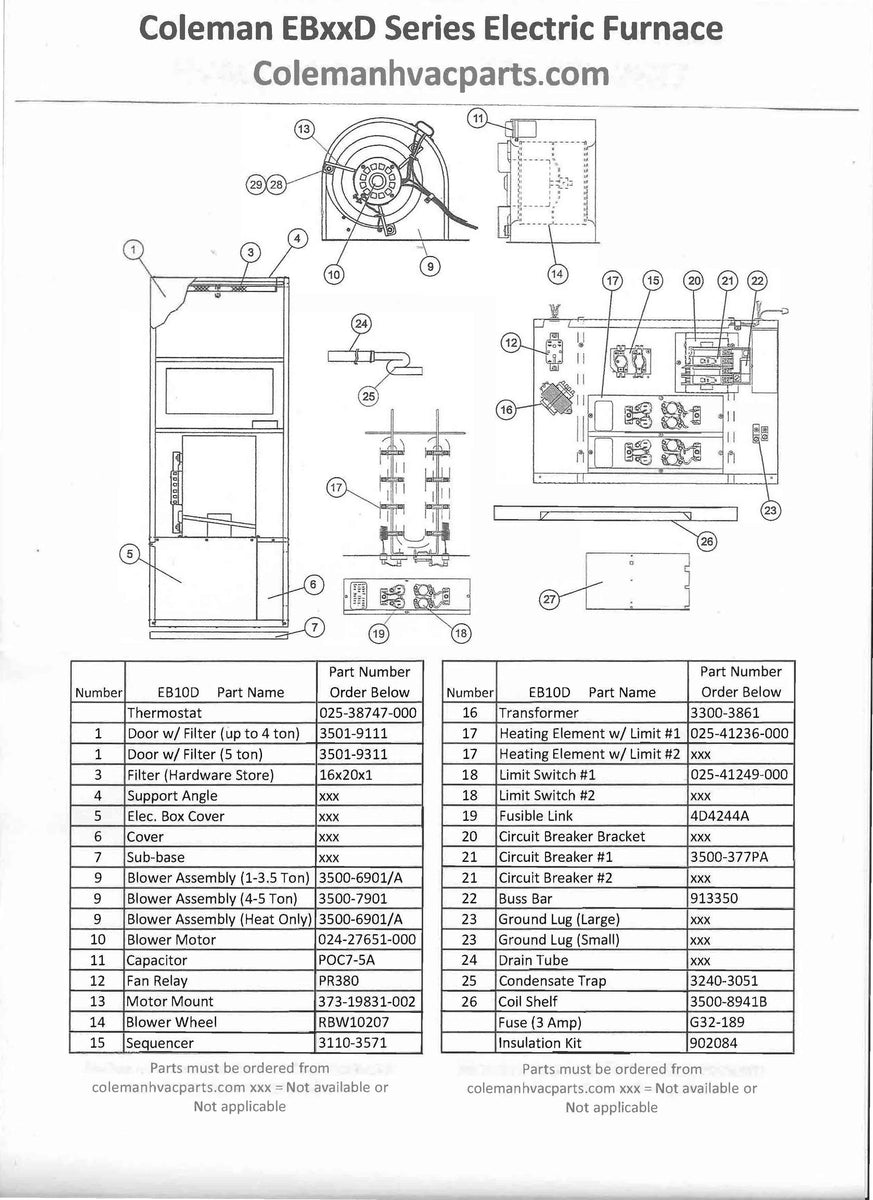 EB10D Coleman Electric Furnace Parts HVACpartstore