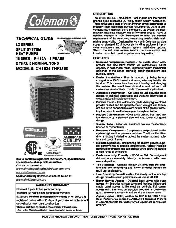 CH16B Heat Pump LX Series, 16 SEER, Single-Phase, Modulating, R410A 184 pages of data and parts breakdown
