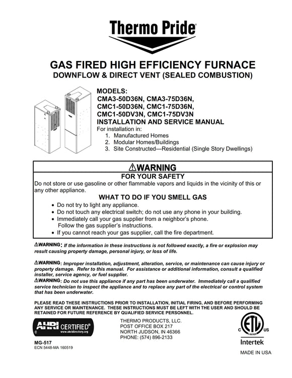 Thermo Pride CMA, CMC Mobile Home Furnace Owners Manual, Parts, Wire Diagram (Download)